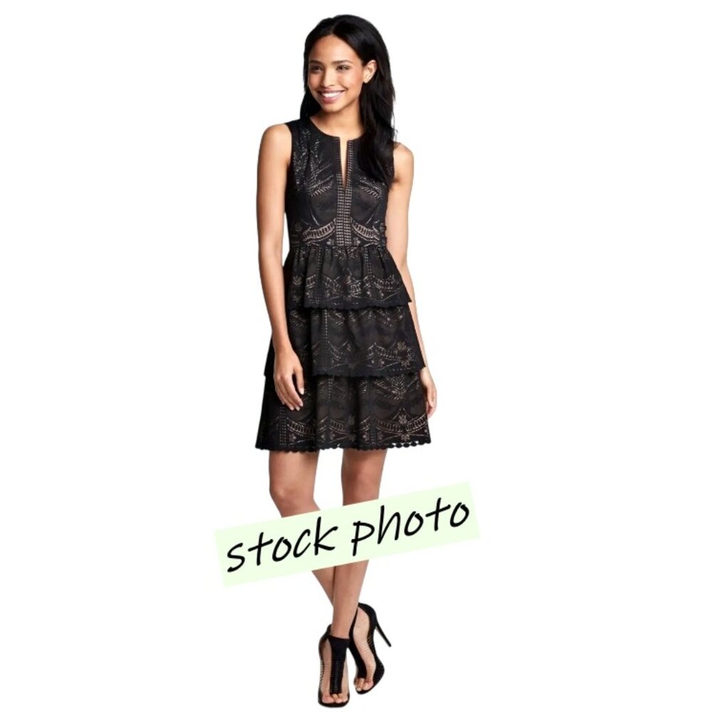 BCBGMAXAZRIA Tiered Black Lace Overlay Mini Dress Size 6 Whimsigoth Formal Event
